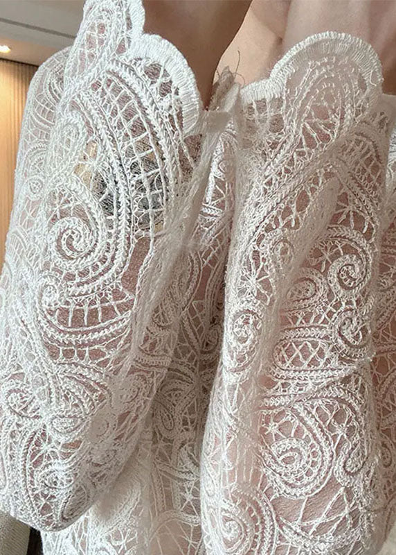Italian Beige O-neck Hollow Out Lace Top Spring
