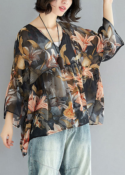 Simple Black V Neck Print Patchwork Asymmetrical Design Fall Shirt Half Sleeve