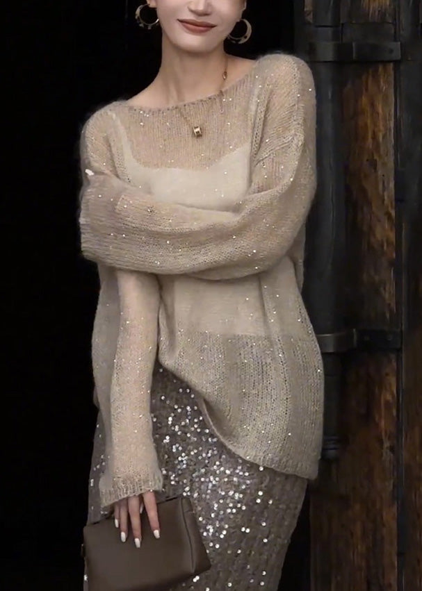 Champagne Color O Neck Sequins Thin Knit Top Fall