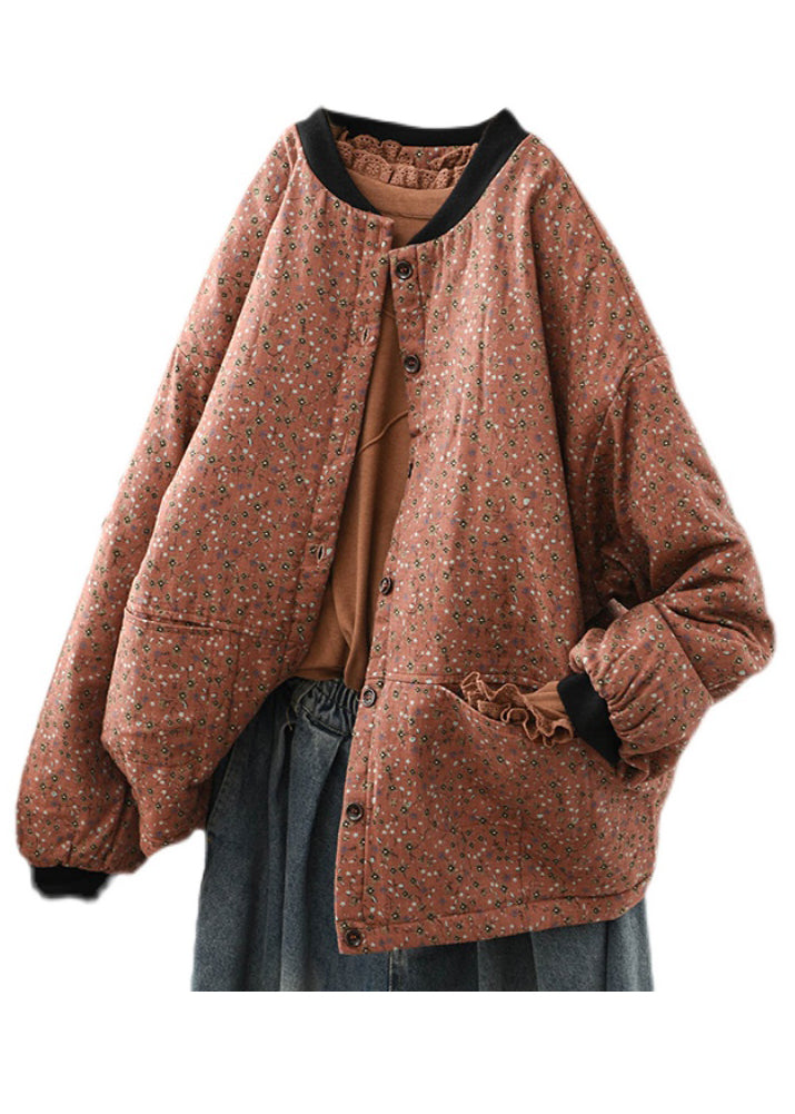 Coffee Pockets Print Fine Cotton Filled Coat Spring