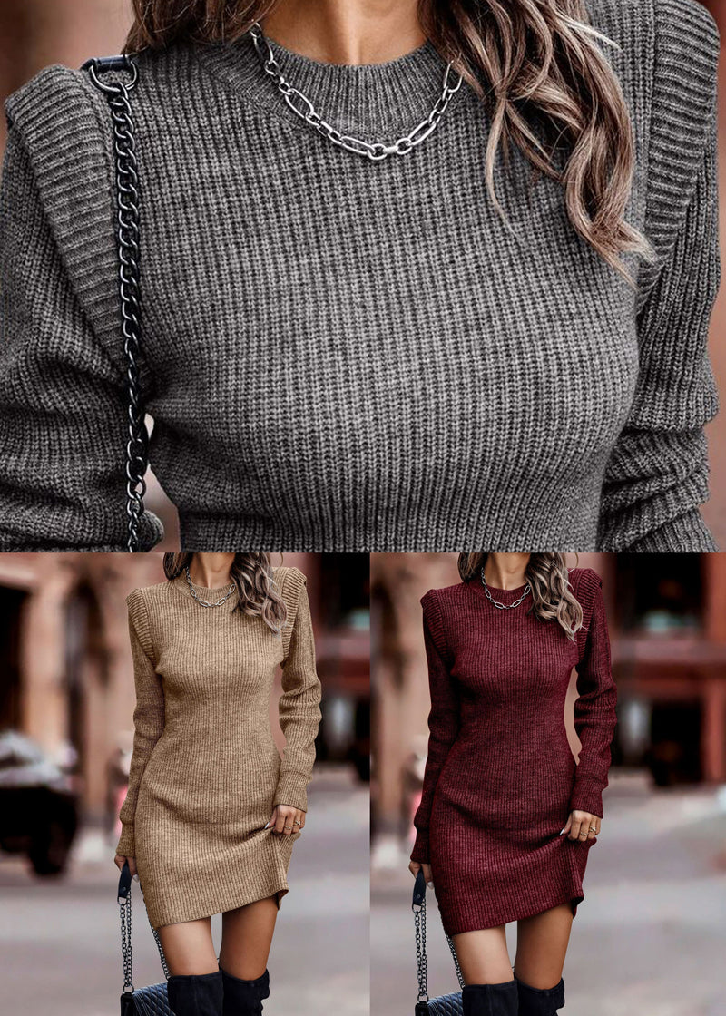 Grey Patchwork Knit Fall Mid Dress O Neck