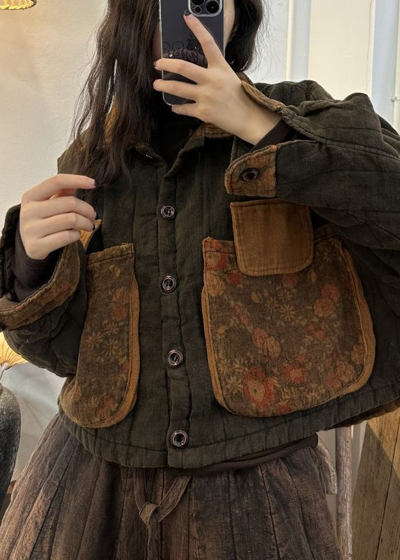 Wine Red Button Pockets Patchwork Cotton Coats Fall
