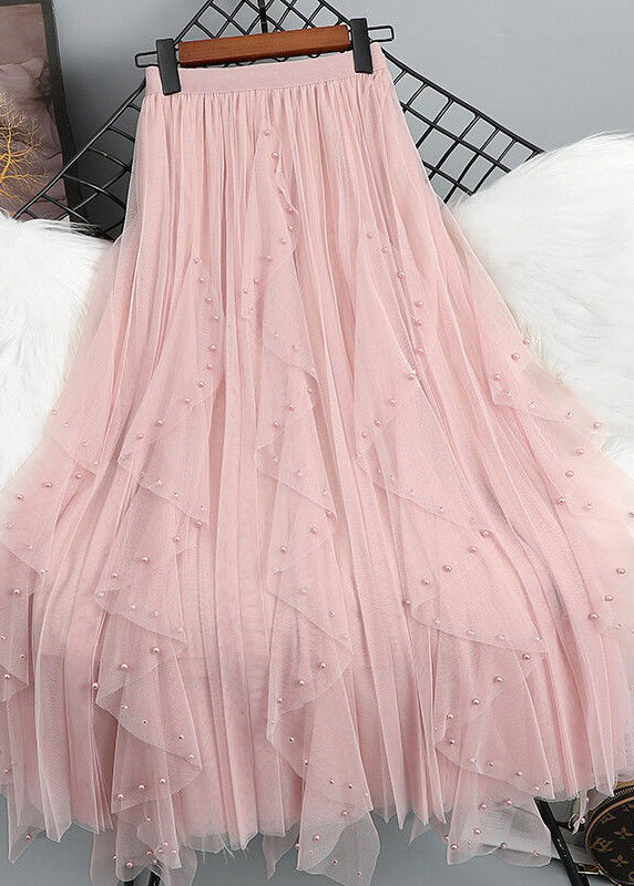 Green Nail Bead Patchwork Elastic Waist Tulle Maxi Skirt