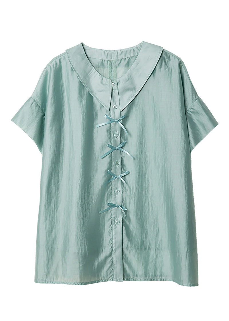 Green Peter Pan Collar Bow Chiffon Blouses Batwing Sleeve