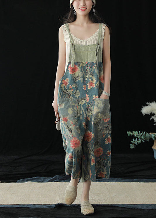 Blue Pockets Patchwork Print Cotton Denim Wide Leg Pants Jumpsuit Summer