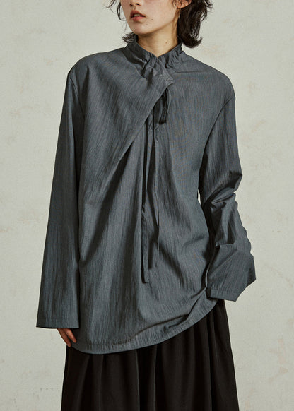 Grayish Blue Lace Up Cotton Shirts Stand Collar
