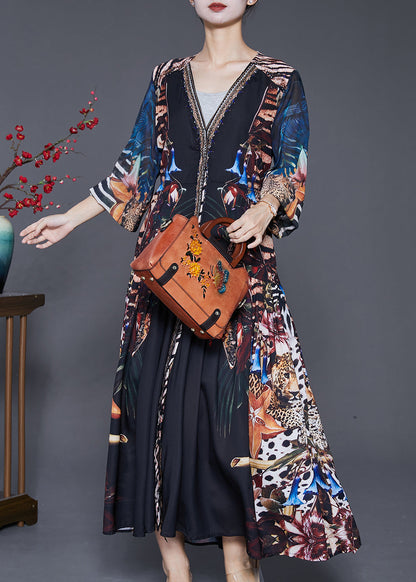 Black V Neck Print Exra Large Hem Chiffon Maxi Dresses Fall