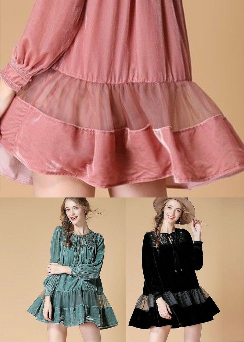 Black Embroideried Patchwork Velour Mini Dress Spring