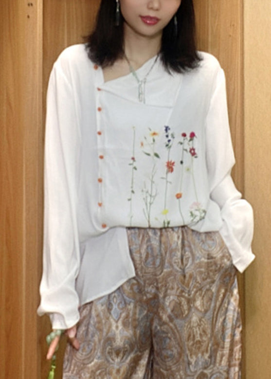 Italian White O-neck Print Button Cotton Top Fall