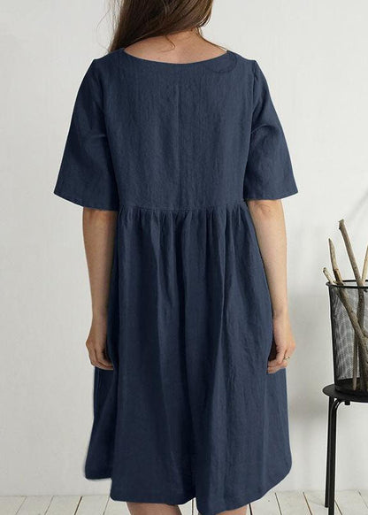 Green O Neck Pockets Wrinkled Patchwork Linen Dress Summer