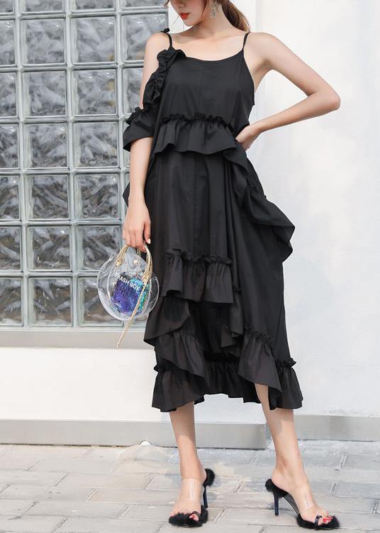 New Black Summer Ruffles Cotton Maxi Dresses