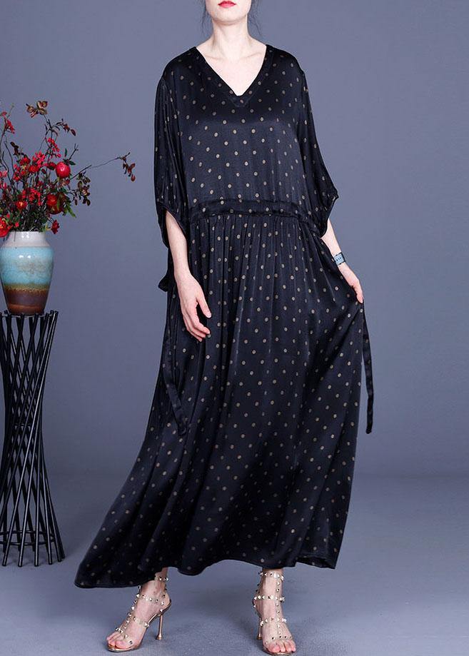 Loose Green Print Tie Waist Summer O-neck Long Dress