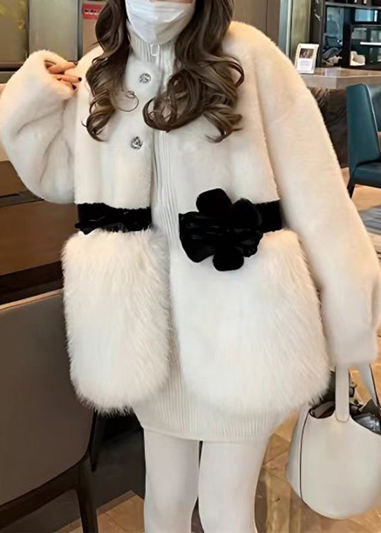 White O Neck Bow Patchwork Mink Hair Coat Winter