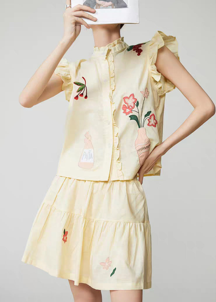 Yellow Embroidered Top and Skirts Two Pieces Set Sleeveless