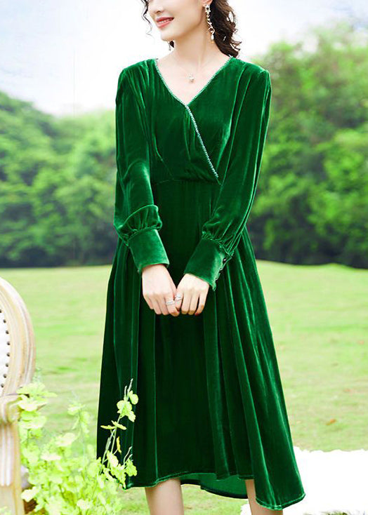 Green V Neck Patchwork Silk Velour Holiday Dress Spring