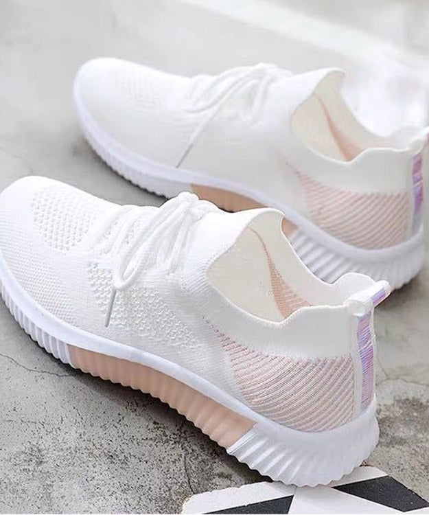 White Pink Knit Fabric Lace Up Flats Shoes