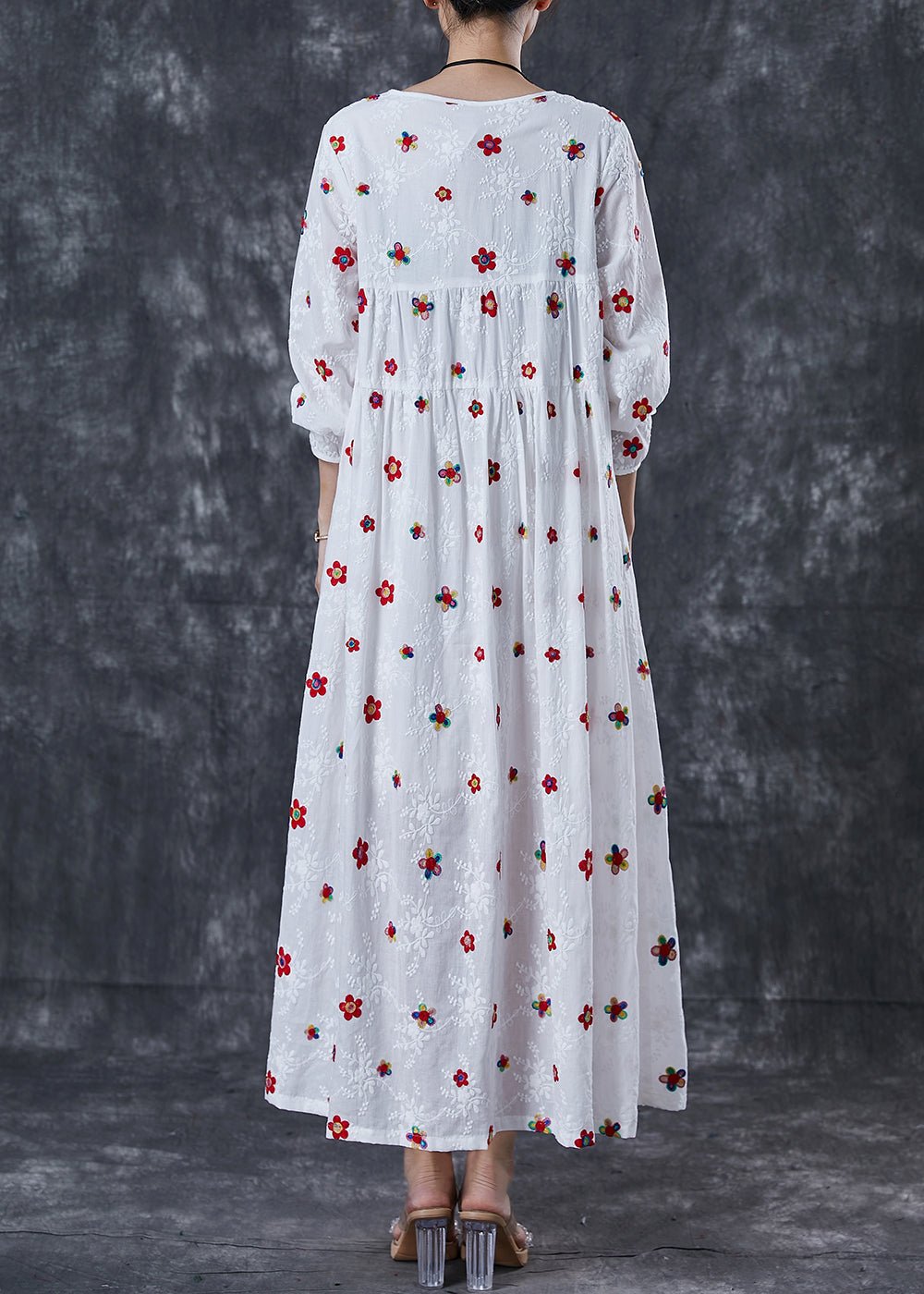 French White Embroidered Cotton Maxi Dress Spring