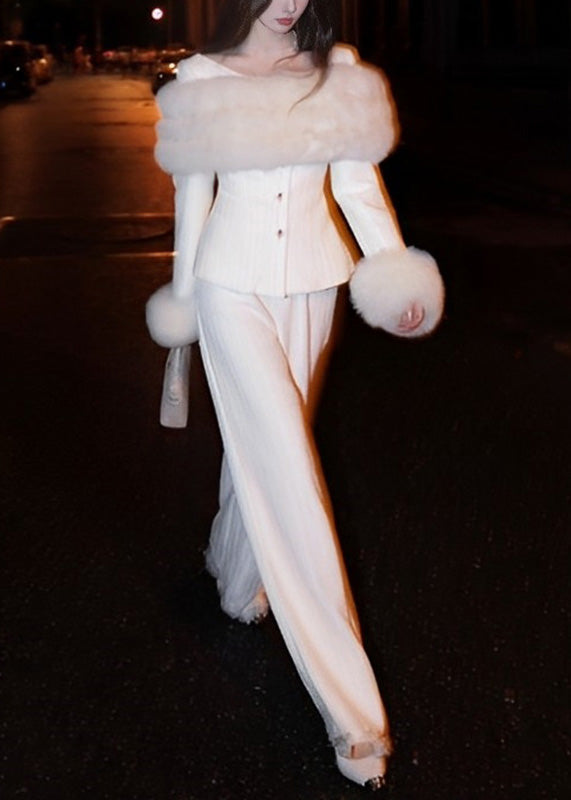 Vogue White Fur Collar Coats and Wide Leg Pants Two Pieces Set Winter