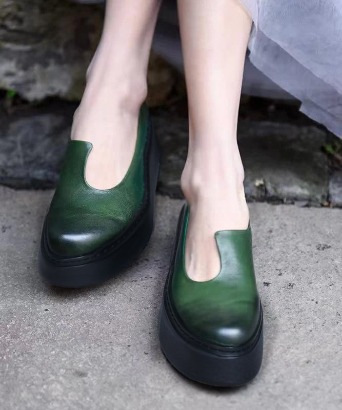 Splicing Platform Heels Blackish Green Cowhide Leather