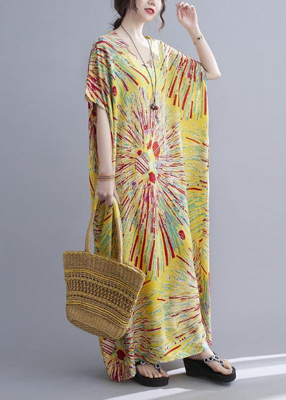 Yellow Print Cotton V Neck Oversize Summer Dress