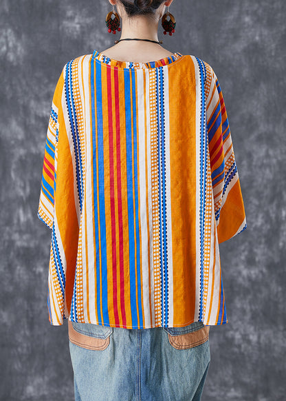 Yellow Oversized Striped Wrinkled Cotton Shirt Batwing Sleeve