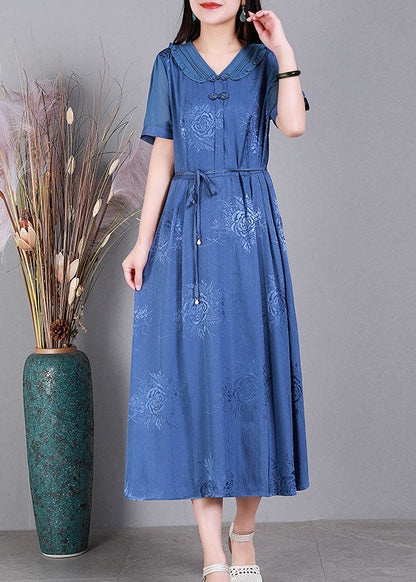 Blue V Neck Tie Waist Jacquard Oriental Button Silk Holiday Dress Summer