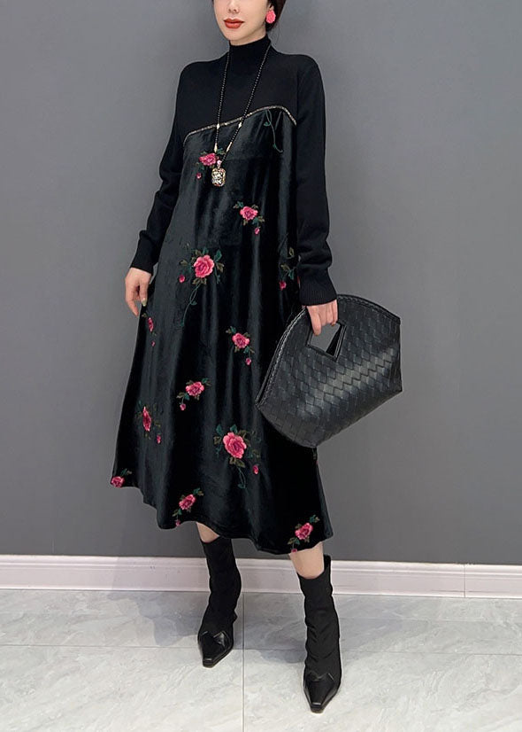 Black High Neck Embroideried Knit Patchwork Silk Velour Dress Spring