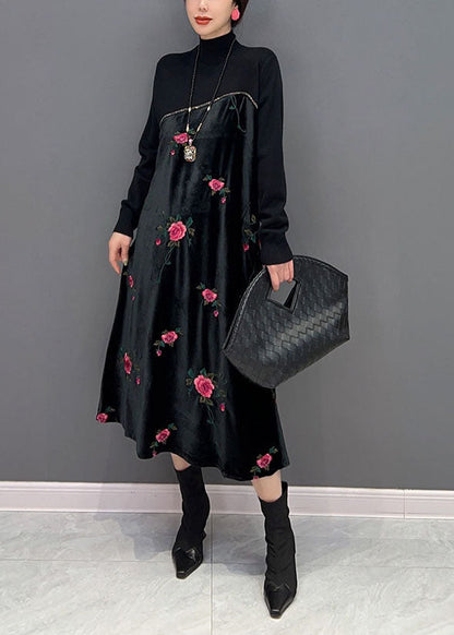Black High Neck Embroideried Knit Patchwork Silk Velour Dress Spring