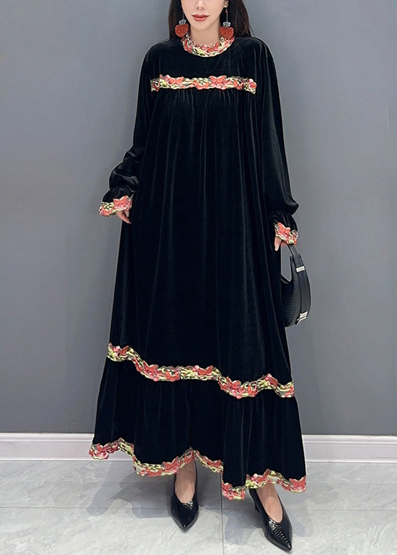 Black Patchwork Silk Velour Stand Collar Long Dress Spring