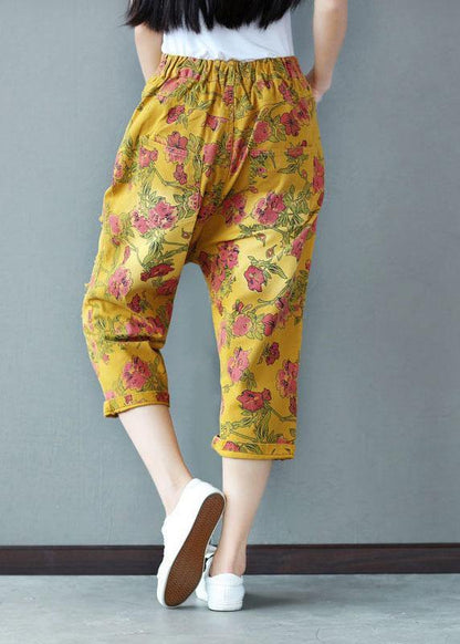 Yellow Button Pockets Print Fall Crop Pants Cotton
