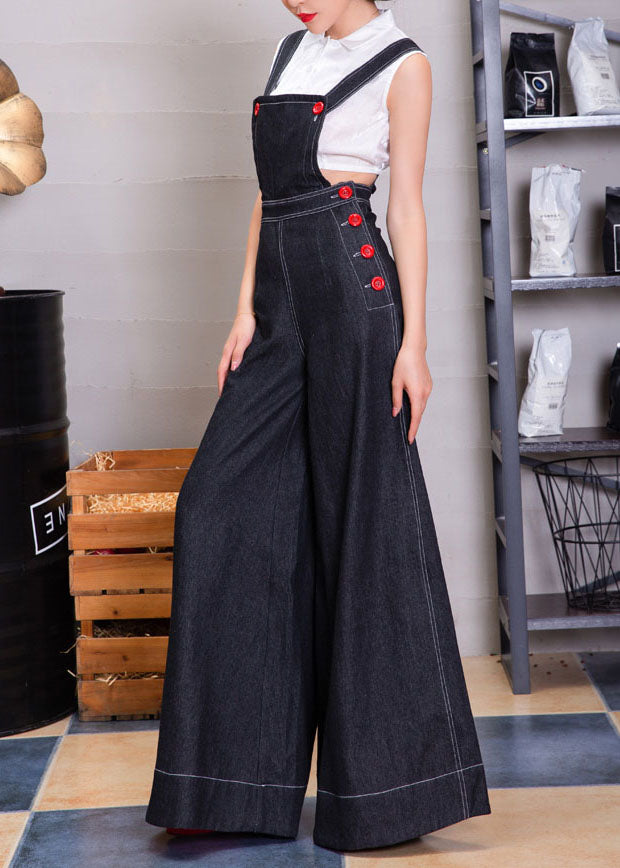 Navy Button Denim Strap Wide Leg Jumpsuit Fall