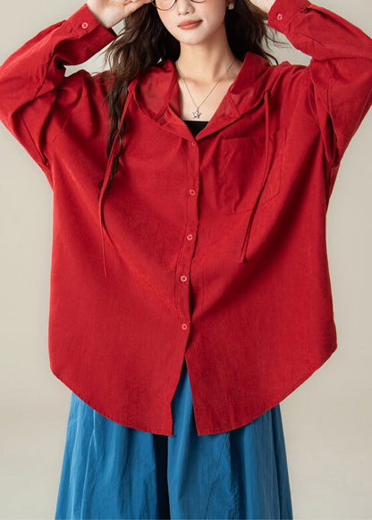 Red Hooded Button Cotton Shirt Spring