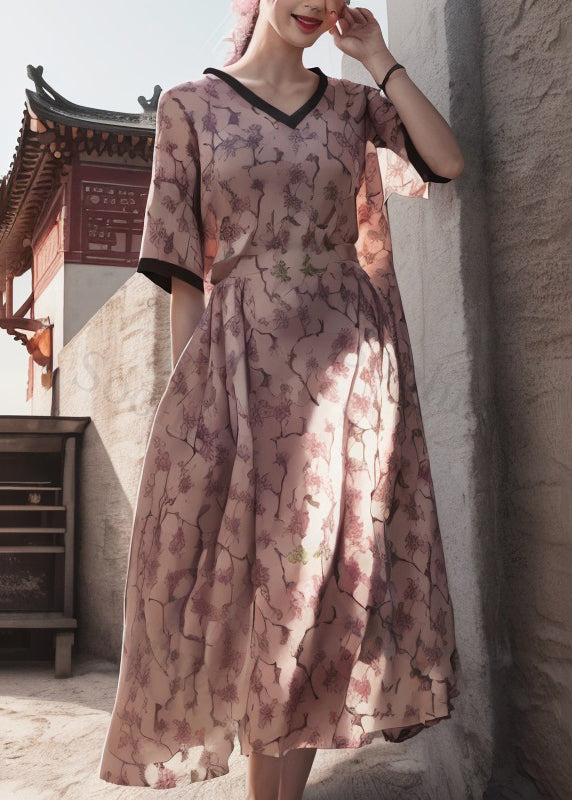 Pink V Neck Print Wrinkled Silk Dress Summer