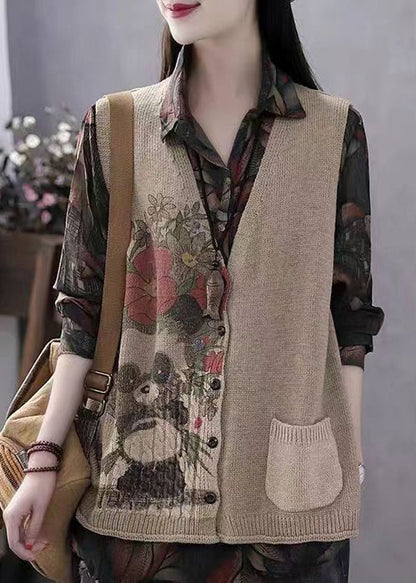Khaki V Neck Print Button Cotton Knit Waistcoat Sleeveless