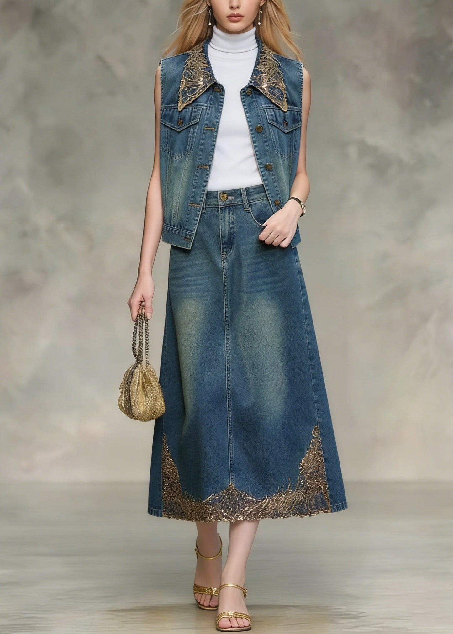 Blue Sequins Embroidered Denim Two Pieces Set Spring