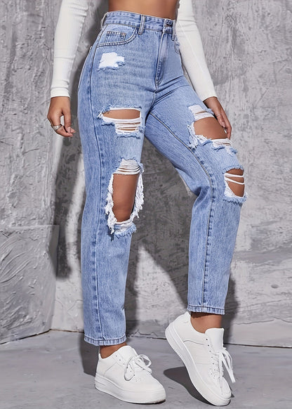 Blue Hole Pockets High Waist Denim Crop Pants Summer
