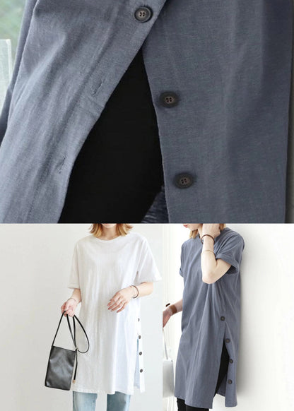 Light Blue O-neck Button Cotton Long T Shirt Short Sleeve