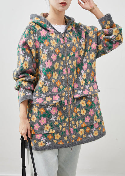 Stylish Grey Zip Up Print Knit Coat Spring