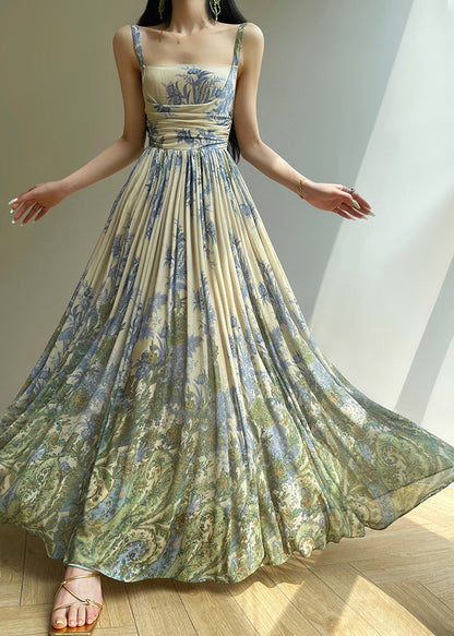 New Blue Wrinkled Print Tulle Spaghetti Strap Dress Sleeveless Summer