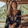 Vintage Tribal Floral Embroidery Art Casual V Neck Shirt artswardrobe