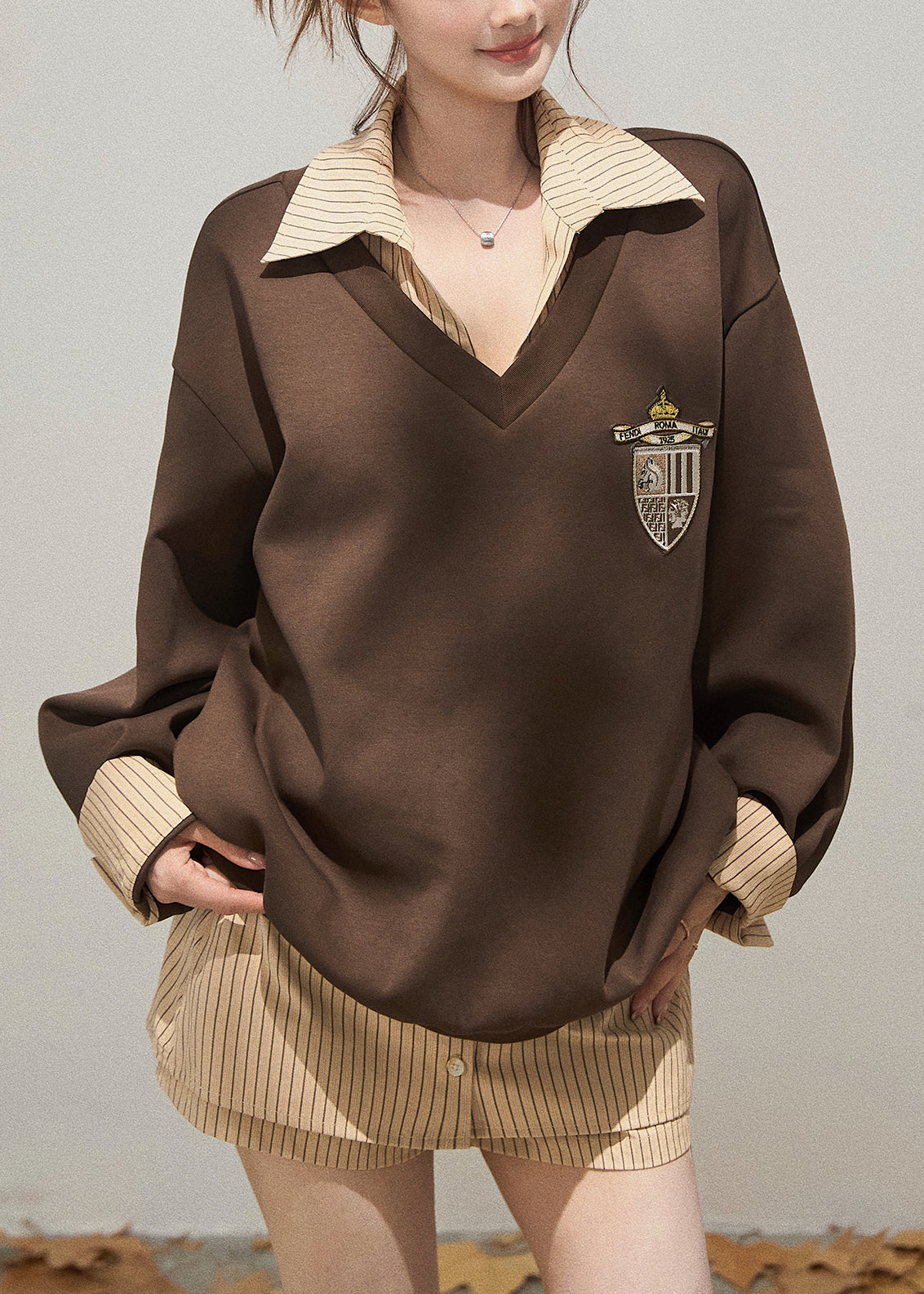 Unique Brown Oversized Patchwork Cotton Pullover Fall