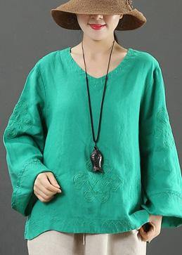 V Neck Embroidery Spring Tops Neckline Green Shirt