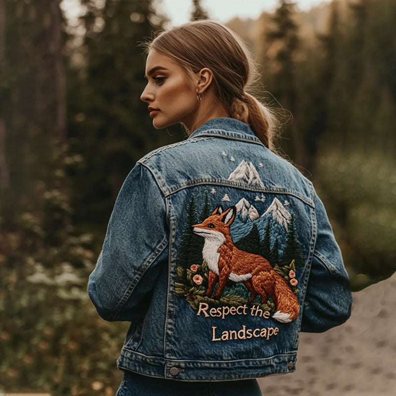 Vintage Landscape Fox And Floral Embroidered Denim Jacket artswardrobe