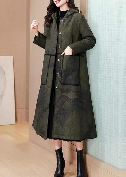 Modern Yellow Hooded Pockets Fine Cotton Filled Coat Winter