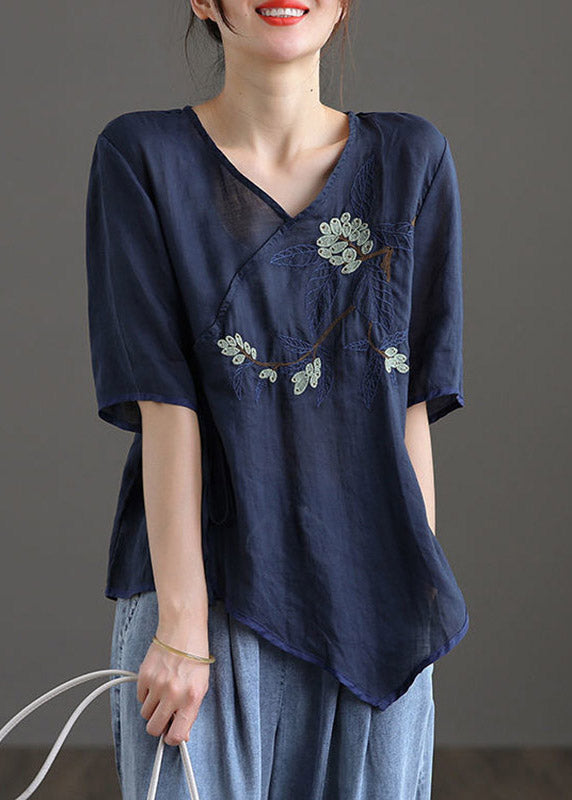 Navy V Neck Asymmetrical Design Linen Top Short Sleeve