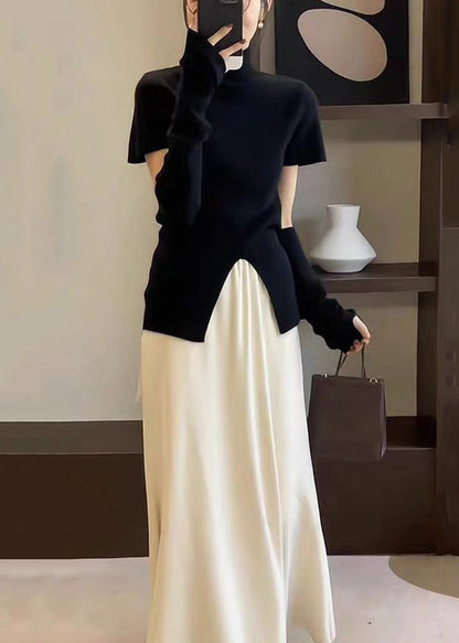 Simple Apricot Side Open Tops and Brown Skirts Knit Two Pieces Set Spring