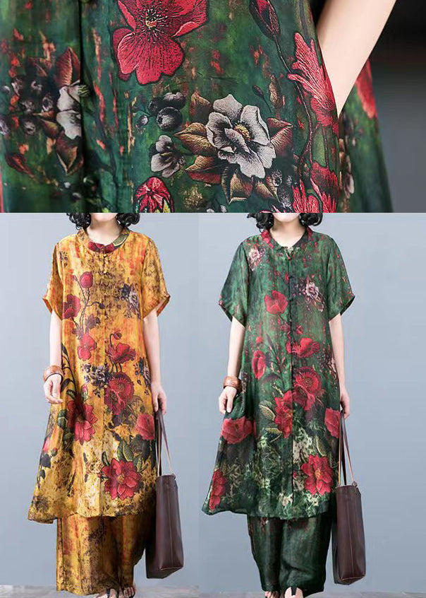 French Green Stand Collar Print Silk Dress and Wide Leg Pants Two Pieces Set Summer