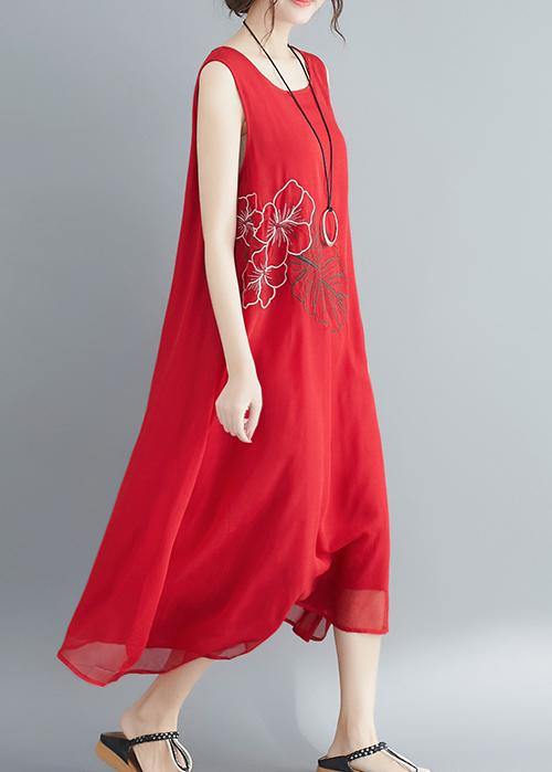 Buy Red Cotton Blended Robes Shirts Sleeveless Embroidery Long Summer Dress