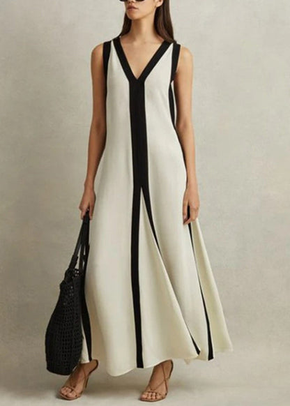 Brief White V Neck Striped Patchwork Cotton Long Dress Summer