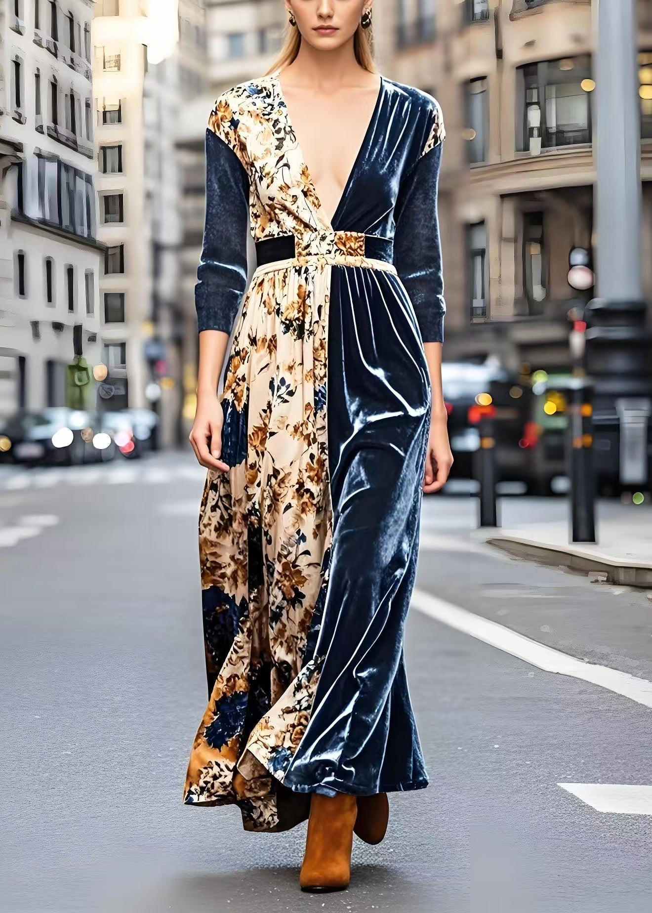 Navy V Neck Patchwork Print Silk Velour Dresses Spring